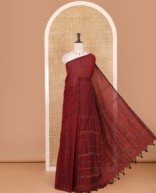 Borderless maroon vertical multi-color thread striped khadi jute linen saree, striped pallu & matching plain blouse