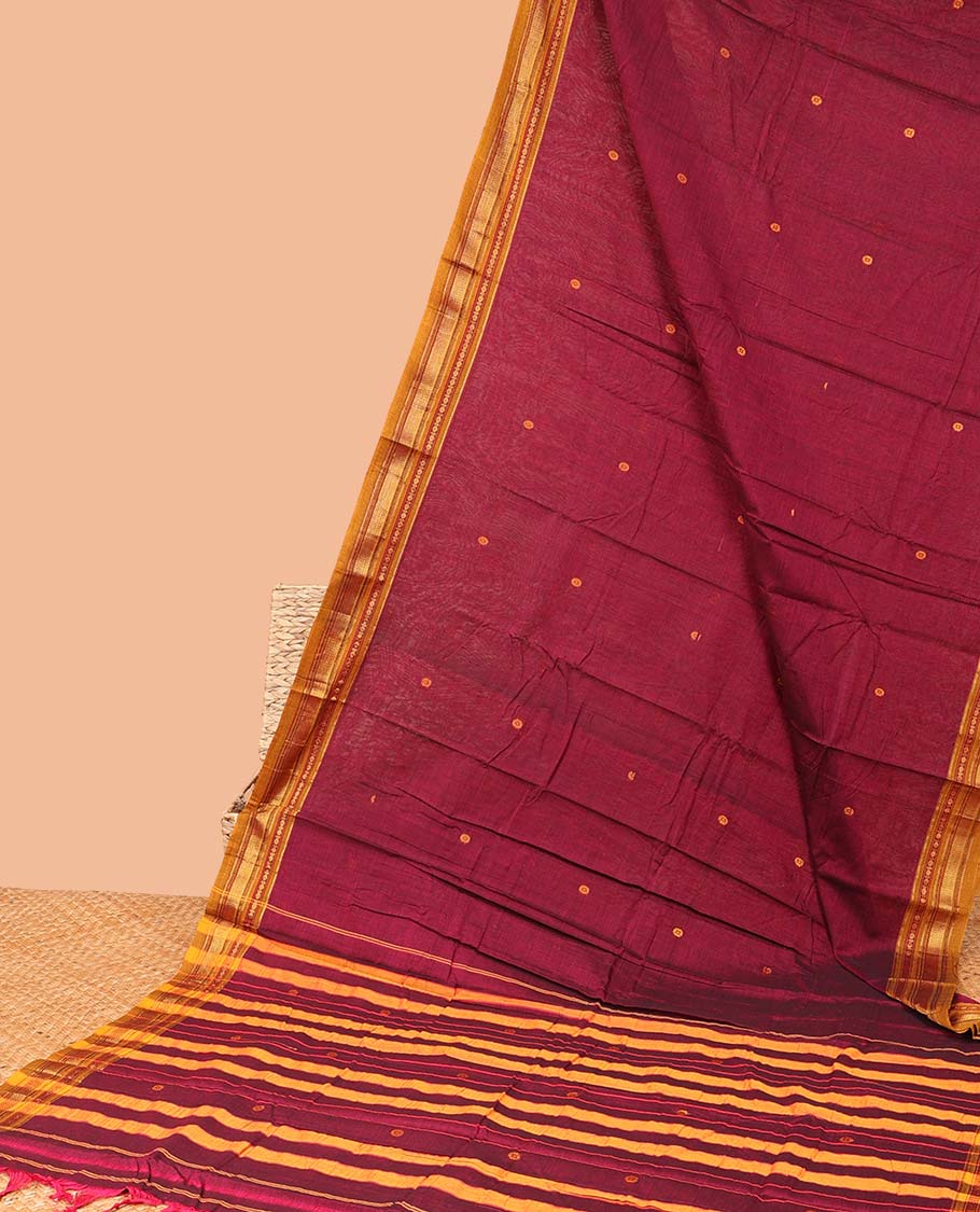 Red buttas Narayanapet cotton saree, contrast traditional design border & striped pallu