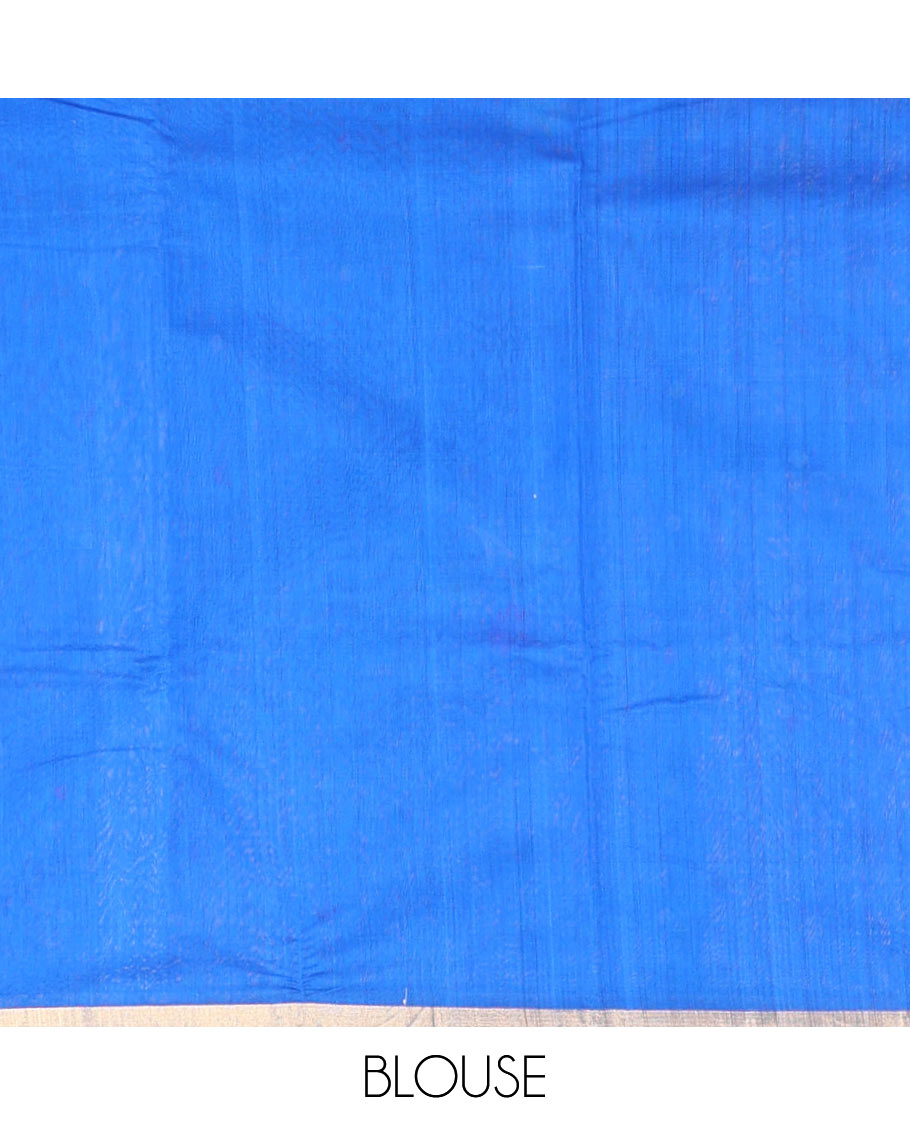 Blue floral motifs chanderi cotton saree with contrast zari border & striped, floral design pallu