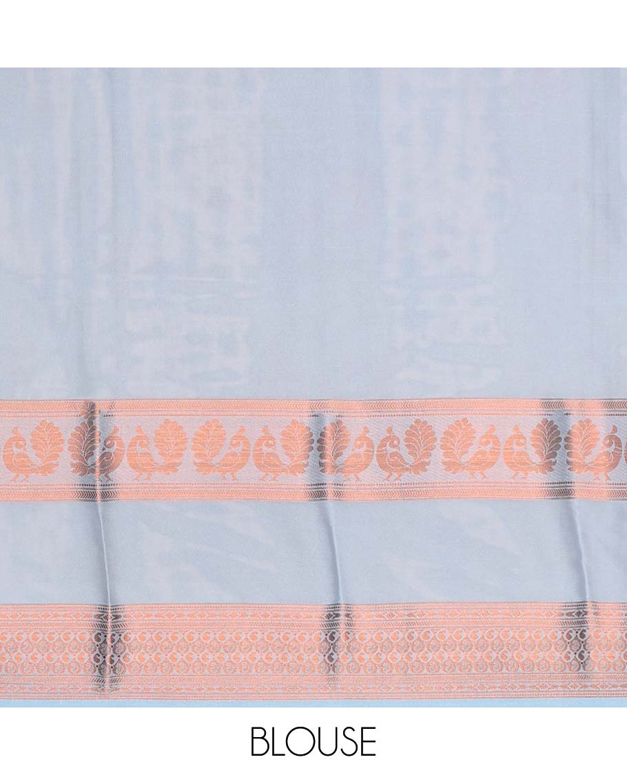 Lavender floral printed semi-banaras printed saree, contrast traditional design border & striped pallu
