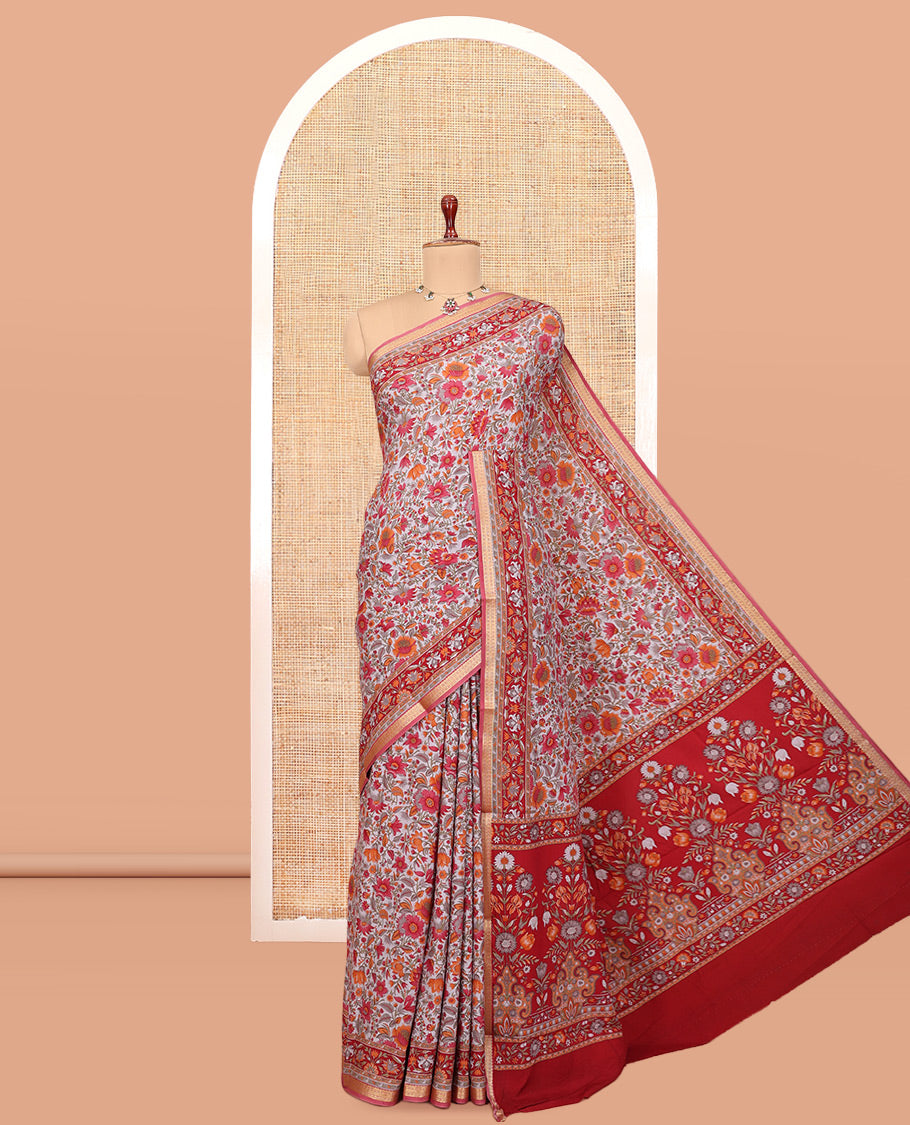 Grey Printed Silk Saree, Adorned with Floral-Vine Print, a Contrast Traditional Zari Border, Floral Pallu, and a Matching Blouse
