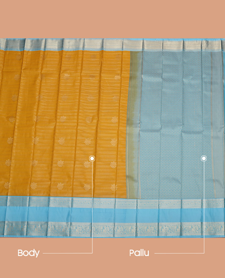 Yellow Budget Silk Saree, Elevated with Zari Buttas and Stripes on Its Body, Complemented by a Contrast Traditional Zari Designs Woven Rettai Pettu Border, Grand Pallu, and Paired with a Contrast Blouse