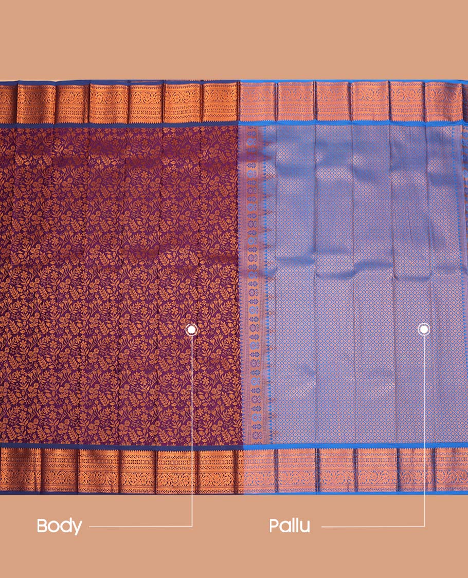Purple Budget Silk Saree, Highlighted by Floral Vine Design, Complemented by Contrast Traditional Zari Border, a Jaal Pallu and a Contrast Blouse