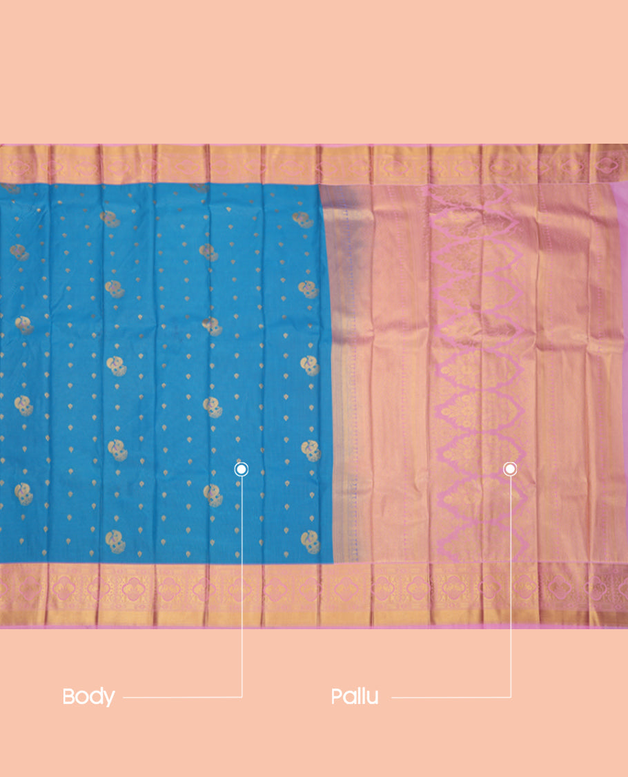 Blue Budget Silk Saree, Decorated with Stripes and Peacock Buttas, a Contrast Traditional Elephant Zari Border, a Grand Pallu and a Contrast Blouse