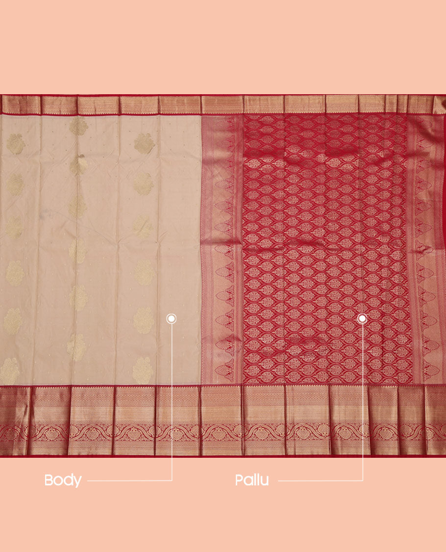 Sandal Budget Silk Saree, Sparsely Woven with Zari Buttas on Its Body, Complemented by a Contrast Traditional Zari Border, Grand Pallu, and Paired with a Contrast Blouse