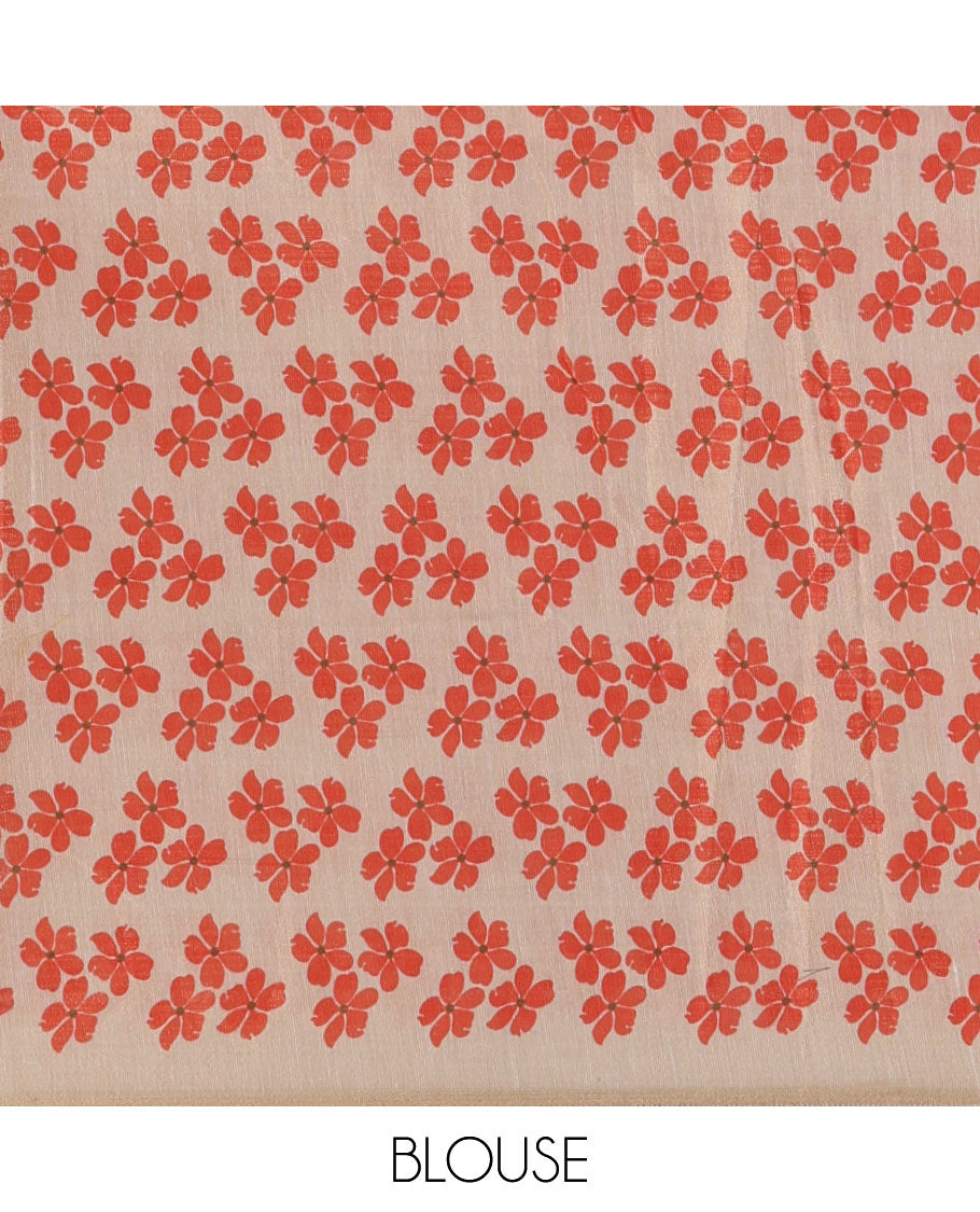 Borderless cream printed onam tissue silk saree features rust color five-petal flower & leaf motifs print, matching floral print blouse