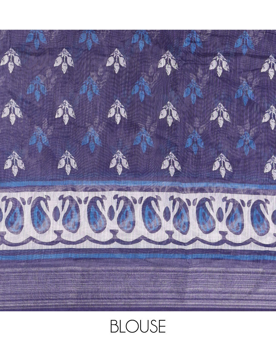 Indigo blue printed semi chanderi cotton saree with zari bawanchi, mango design border & printed rich pallu along with butta design blouse