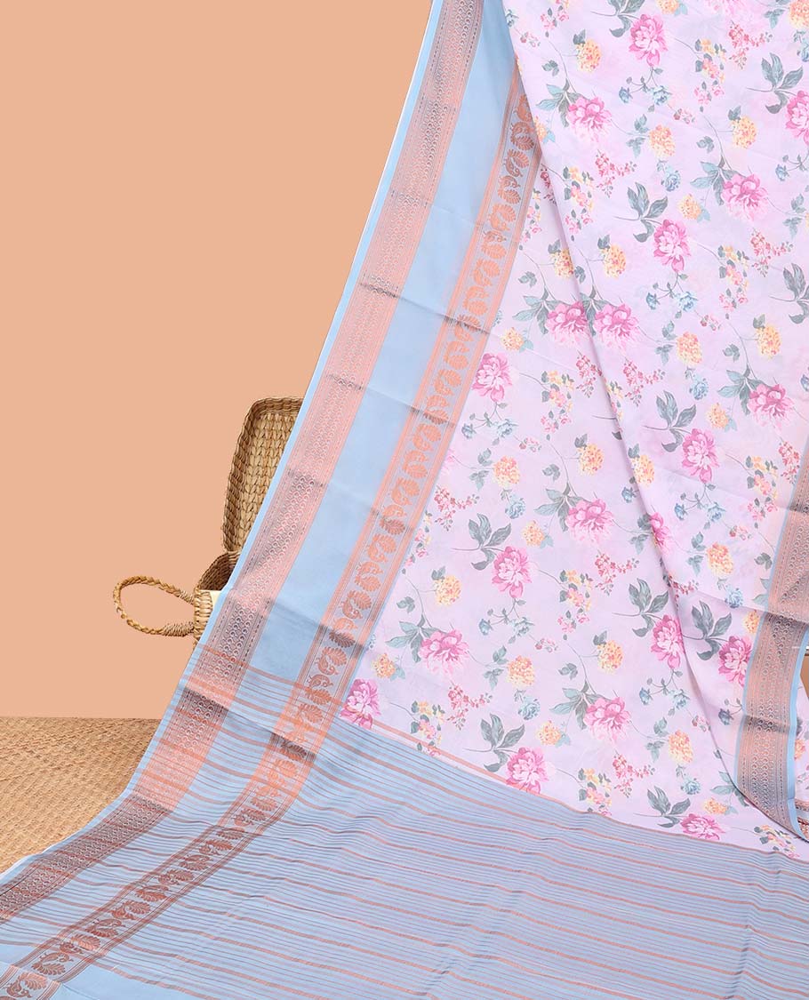 Lavender floral printed semi-banaras printed saree, contrast traditional design border & striped pallu