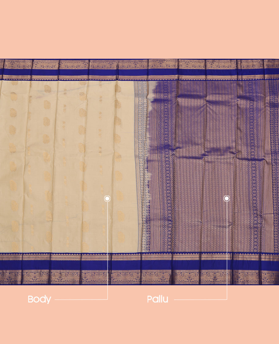 Beige Budget Silk Saree, Subtly Sparkled with Zari Buttas All Over Its Body, Complemented by a Contrast Traditional Zari Design Rettai Pettu Border, Grand Pallu, and Paired with a Contrast Blouse