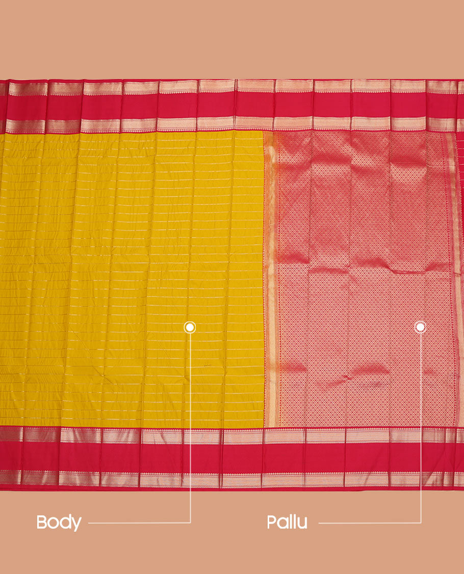 Yellow Budget Silk Saree, Delicately Woven with Zari Stripes All Over Its Body, Complemented by a Contrast Traditional Zari Designs Woven Rettai Pettu Border, Pallu of Jaal Designs, and Paired with a Contrast Blouse