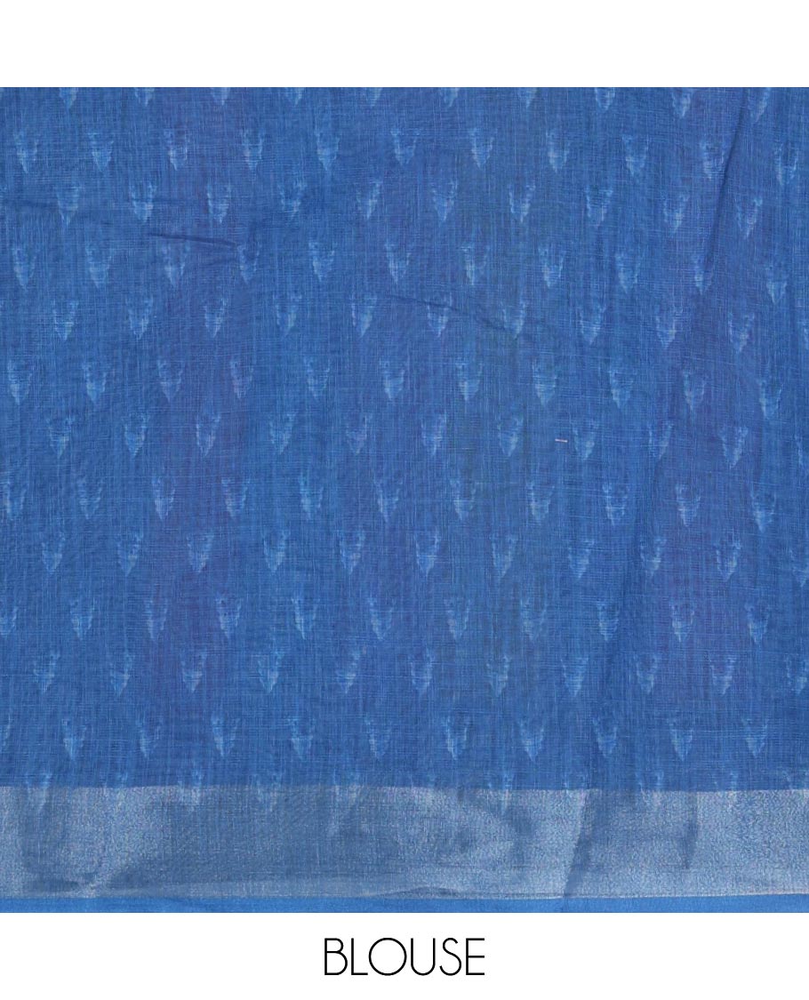 Blue-base colorful vertical stripes printed linen cotton saree, silver zari bavanji border, ice cream motifs printed pallu & contrast printed blouse