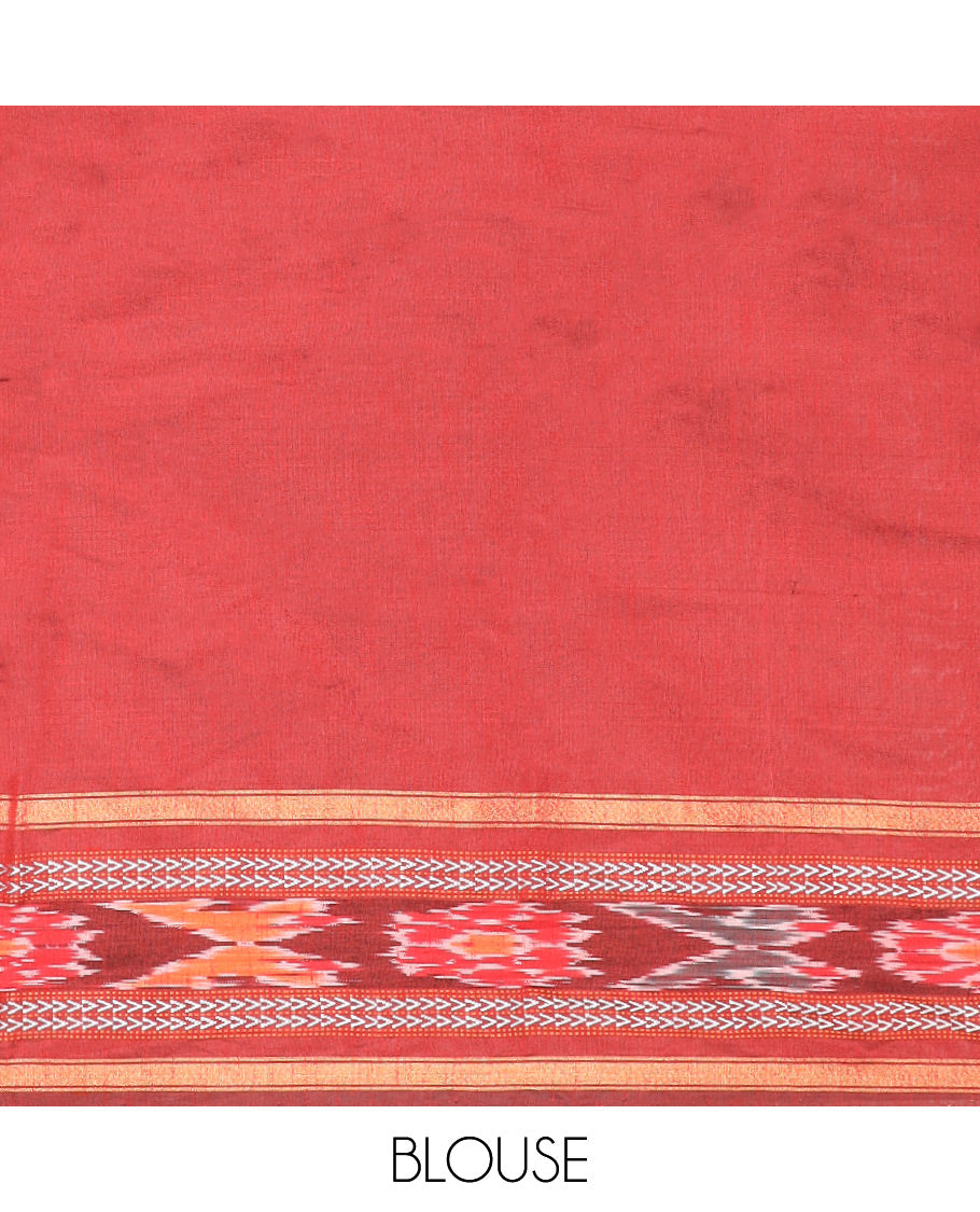 Yellow Plain Dupion Silk Saree, Captivated by a Contrast Temple Border of Geometric Patterns and Ikkat Weave, Pallu Depicting Floral Ikkat Designs, and Paired with a Contrast Blouse