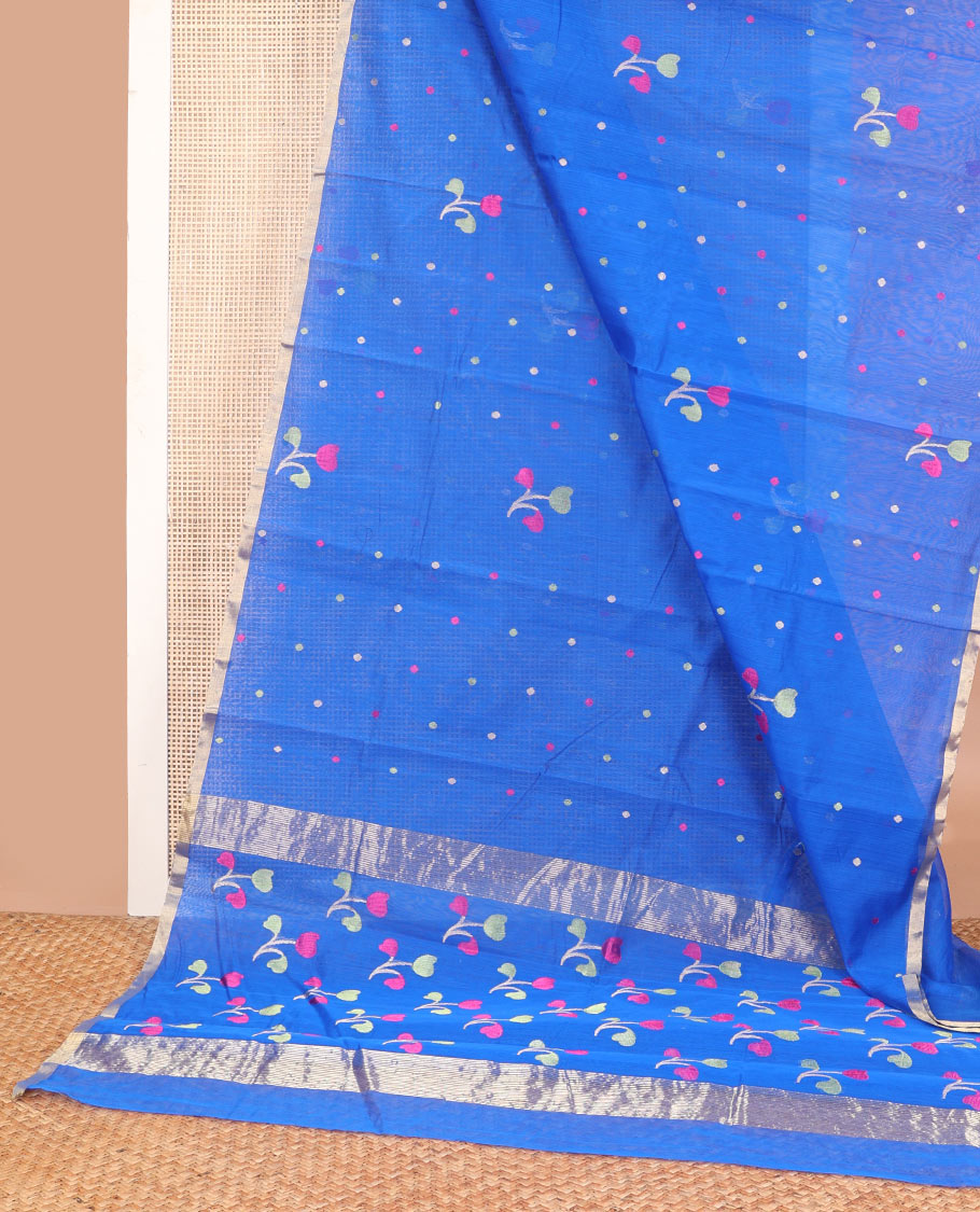 Blue floral motifs chanderi cotton saree with contrast zari border & striped, floral design pallu