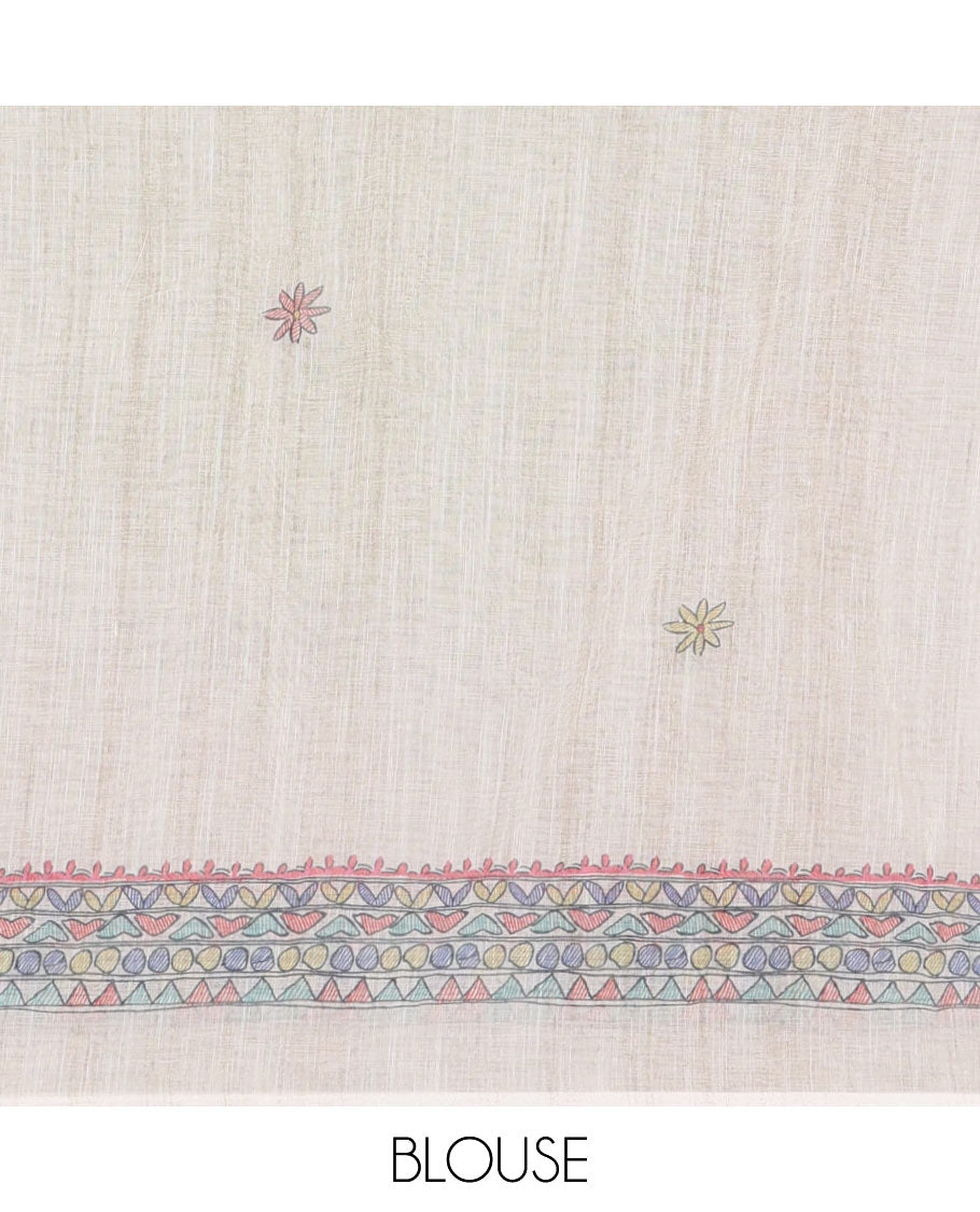 Cream madhubani-style floral buttas printed linen saree, madhubani peacock printed border, madhubani printed pallu, and madhubani village printed blouse