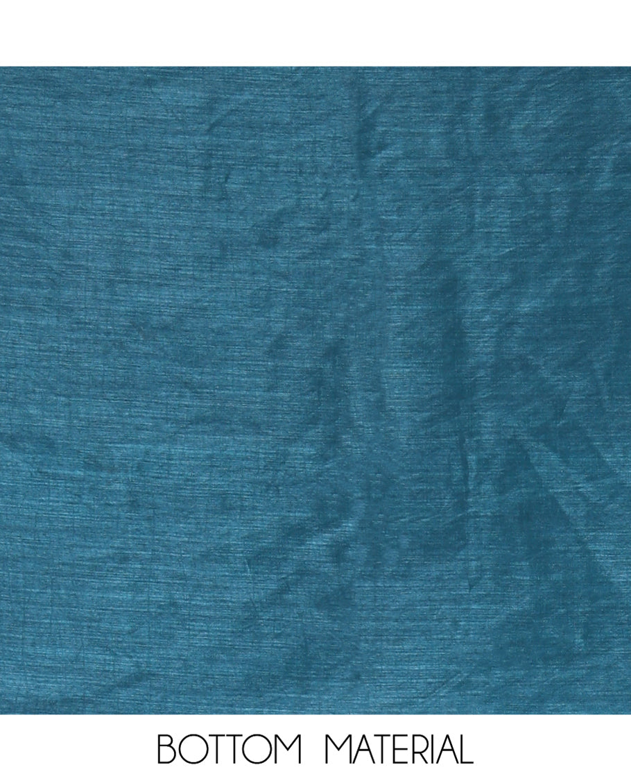 Peacock Blue Material Chudidar Set, Delicately Woven with Floral Thread Embroidered Mul Chanderi Top, a Mul Chanderi Bottom, Paired with Floral Thread-Embroidered Mul Chanderi Dupatta