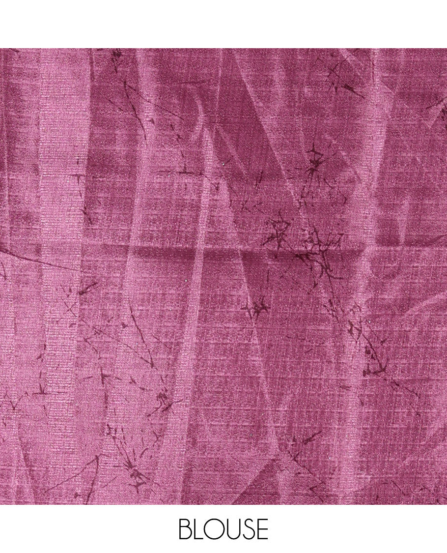 Borderless cream-lavender batik-style floral printed khadi cotton saree, printed pallu & printed blouse