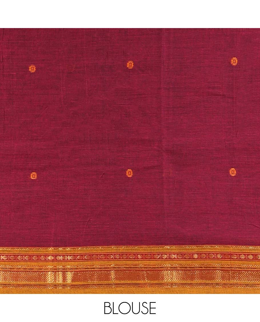 Red buttas Narayanapet cotton saree, contrast traditional design border & striped pallu