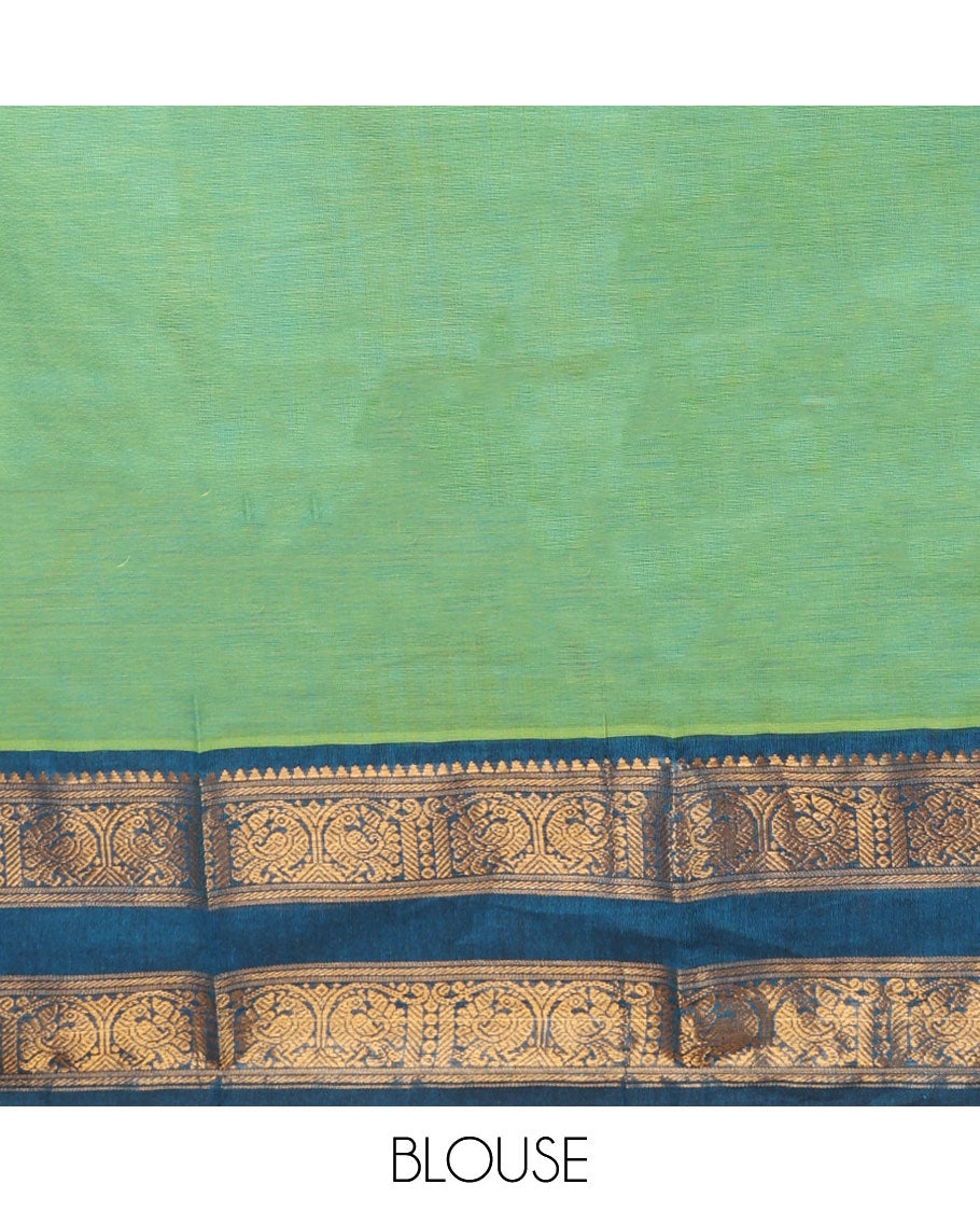 Green motifs chettinad cotton saree with contrast peacock design border & striped, floral design pallu