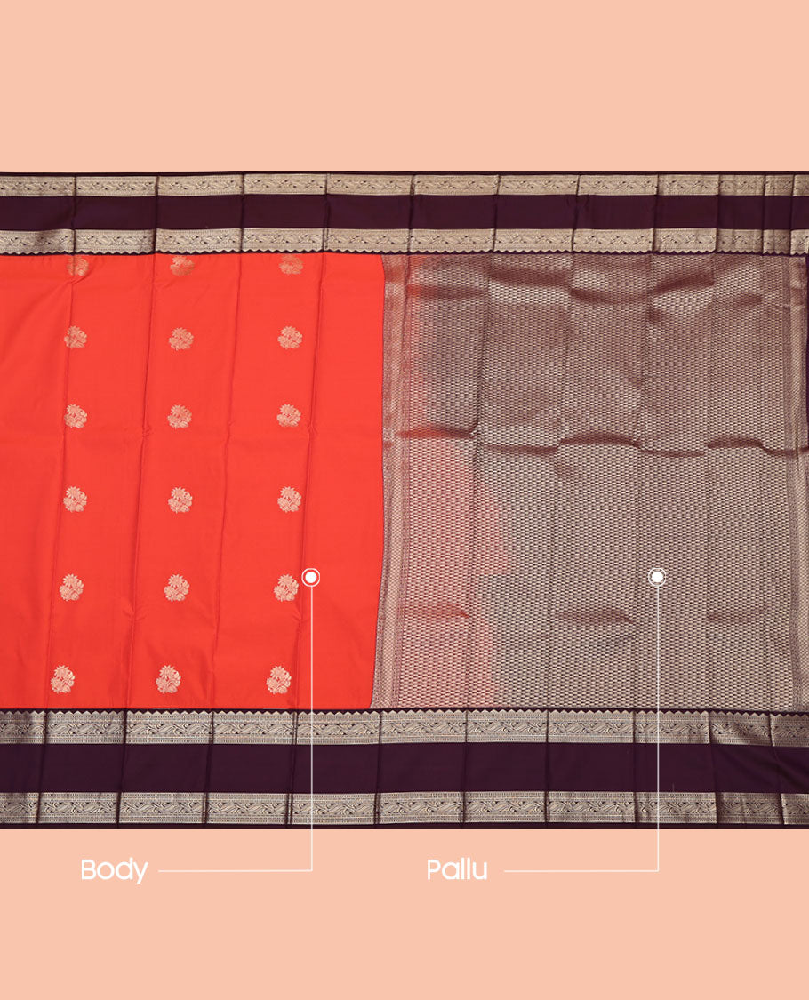 Rust Budget Silk Saree, Bedecked with Zari Buttas, Complemented by a Contrast Traditional Zari Rettai Pettu Border, Pallu of Jaal Designs, and a Contrast Blouse