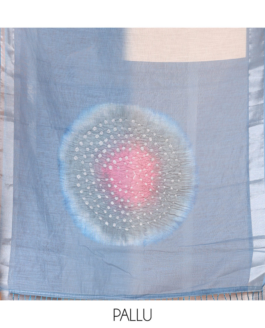Blue Linen Cotton Saree, Ornamented with Ombre-Style Double-Color Print, Highlighted by Contrast Zari Bavanji Border, Pallu Pictures Bandhani Design, and Paired with a Contrast Bandhani Blouse