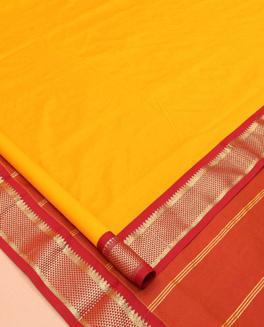 Yellow Plain Ten Yard Saree, a Contrast Zari Border of Ara Maadam Designs, Contrast Striped Pallu, and No Blouse