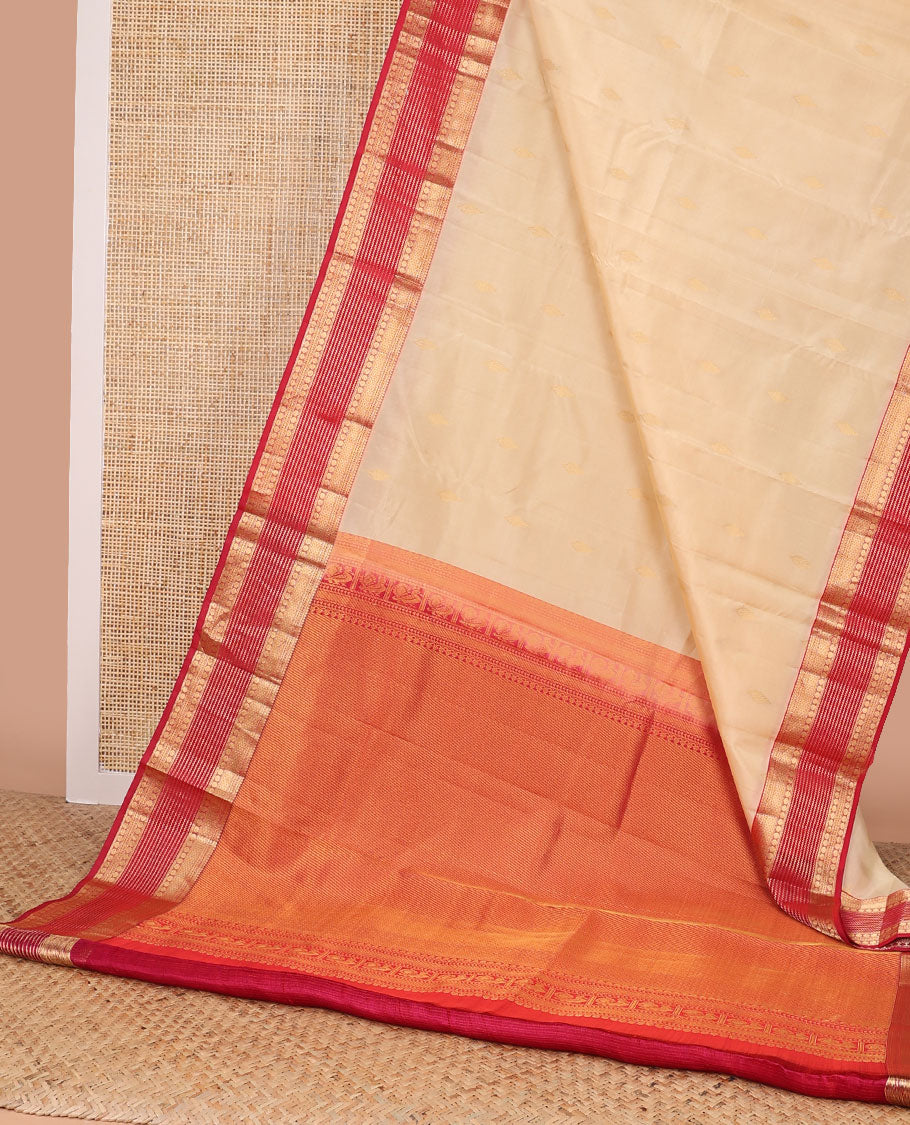 Cream leaf buttas vasundhara elite silk saree with contrast traditional zari design border & geometric design pallu