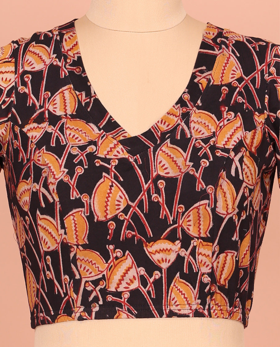 Black Cotton Readymade Blouse Artfully Detailed with All-Over Floral Motifs Print, Front V-Neck, Back Closed Neck, and Elbow Sleeves