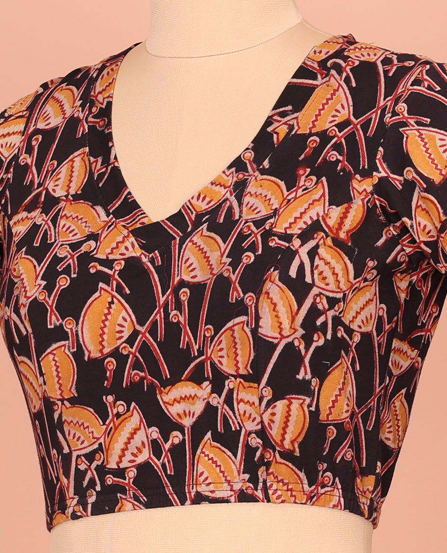 Black Cotton Readymade Blouse Artfully Detailed with All-Over Floral Motifs Print, Front V-Neck, Back Closed Neck, and Elbow Sleeves