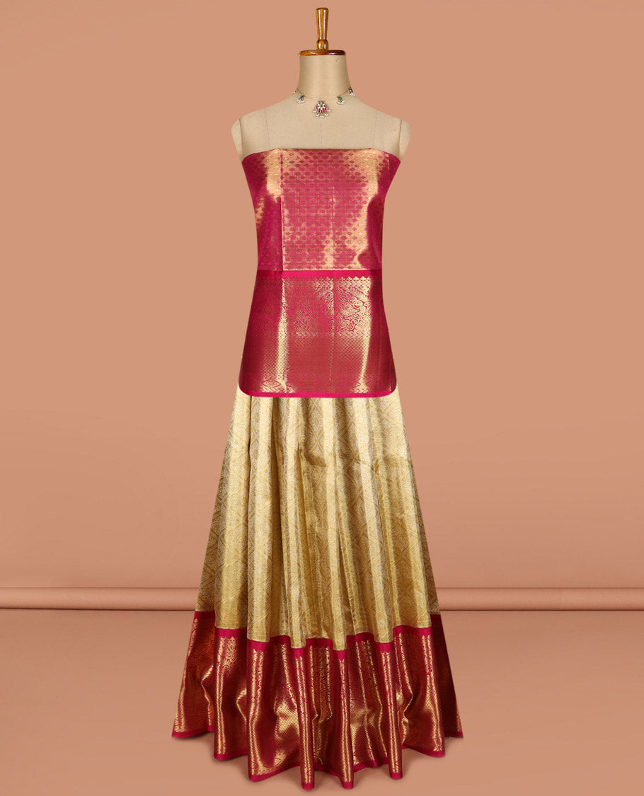 Cream pure silk half saree, jacquard skirt, contrast traditional zari design border, jacquard blouse, and jaal dhavani