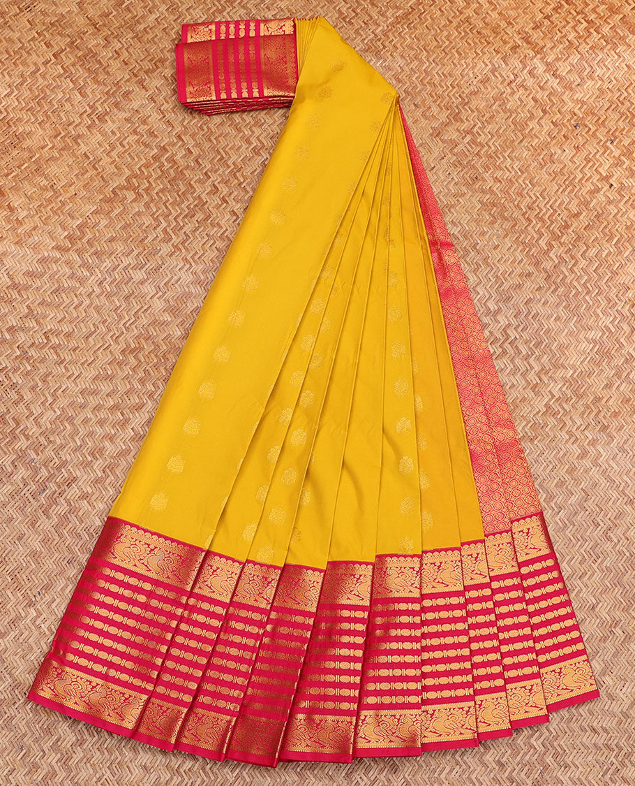 Yellow Budget Silk Saree, Sparsely Woven with Zari Buttas, Contrast Traditional Zari Border, Grand Pallu, and a Contrast Blouse