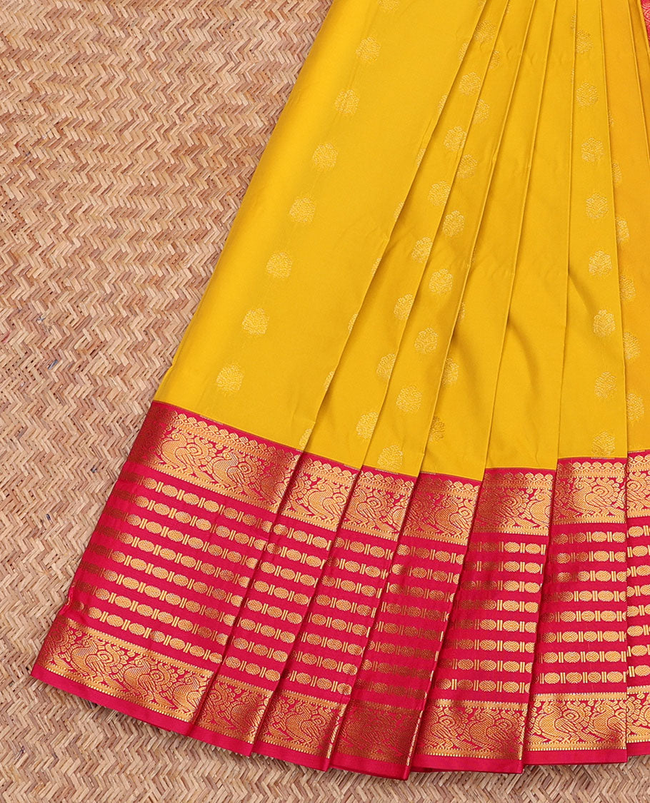 Yellow Budget Silk Saree, Sparsely Woven with Zari Buttas, Contrast Traditional Zari Border, Grand Pallu, and a Contrast Blouse