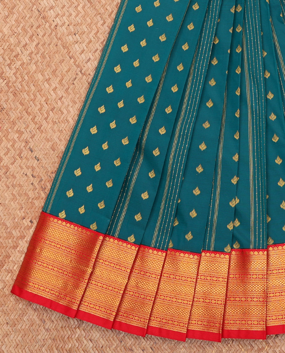 Green Budget Silk Saree, Detailed with Zari Buttas and Stripes, Complemented by a Contrast Traditional Border, Geometric Pallu, and a Contrast Blouse