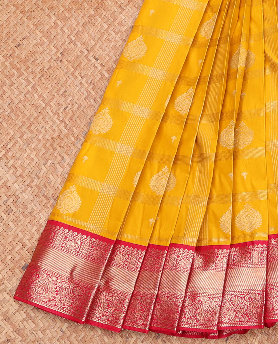 Yellow Budget Silk Saree, Sparsely Threaded with Zari Butta Enclosed Checks, Complemented by a Contrast Traditional Zari Border, Grand Pallu, and Contrast Blouse