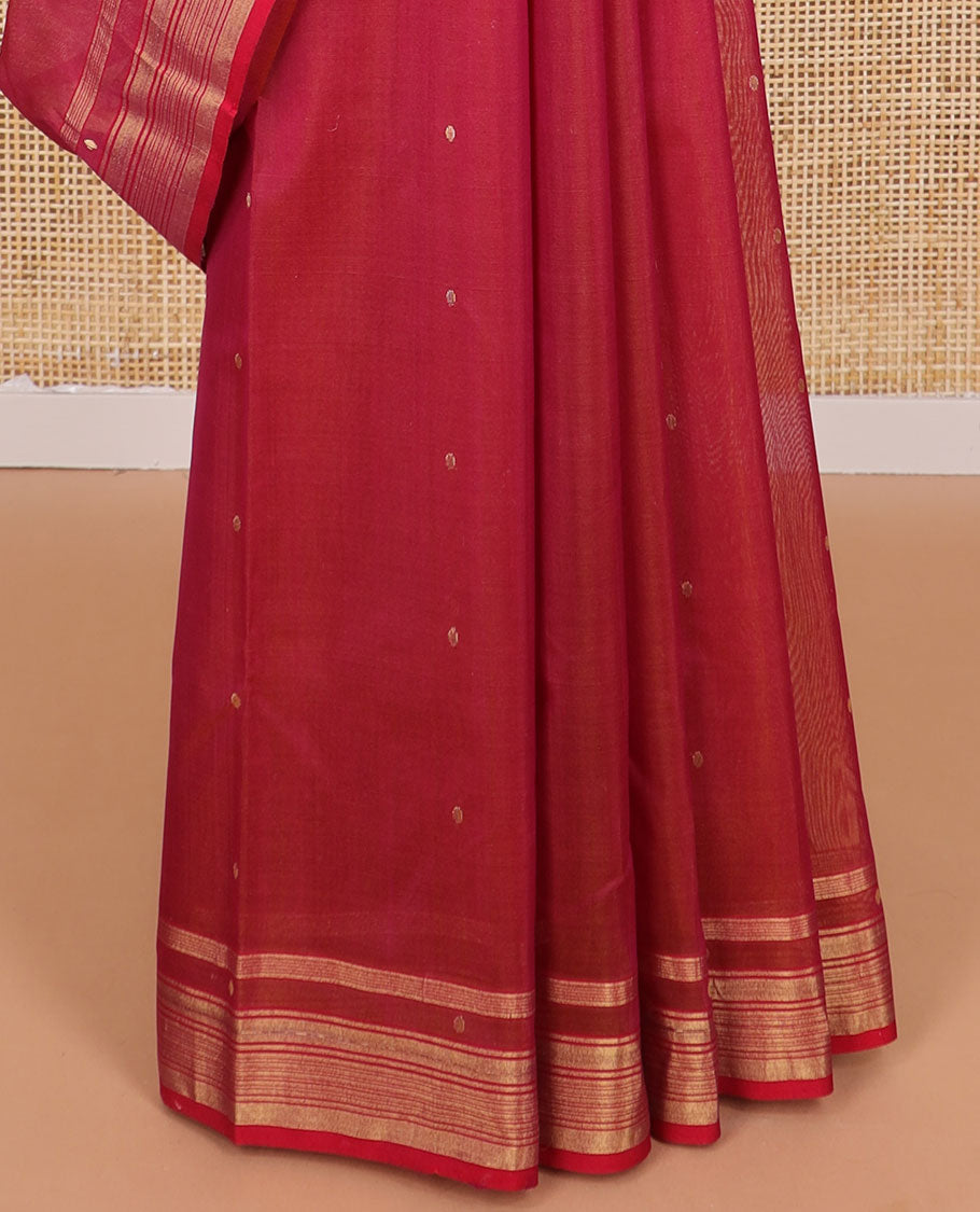 Red floral design chanderi cotton saree with self zari border & striped, floral design pallu