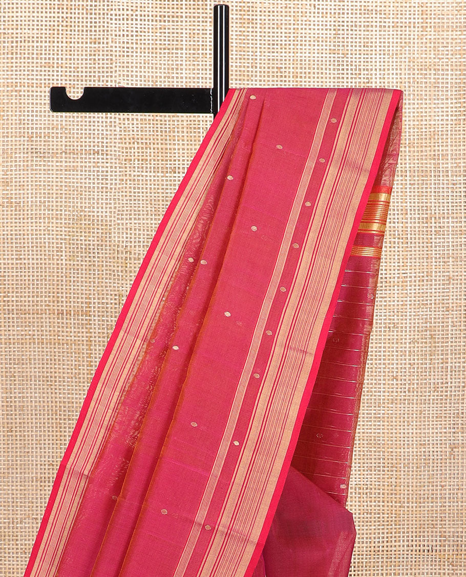 Red floral design chanderi cotton saree with self zari border & striped, floral design pallu