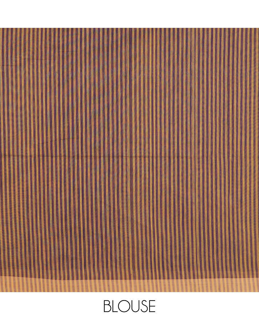 Mustard striped jute cotton saree, striped border, and striped pallu