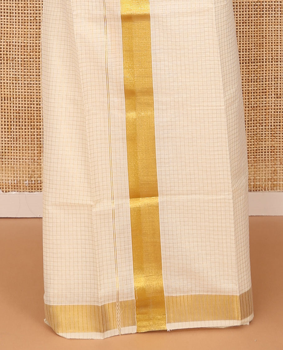 Cream base gold zari micro-checked Kerala mundu set, zari bavanji border