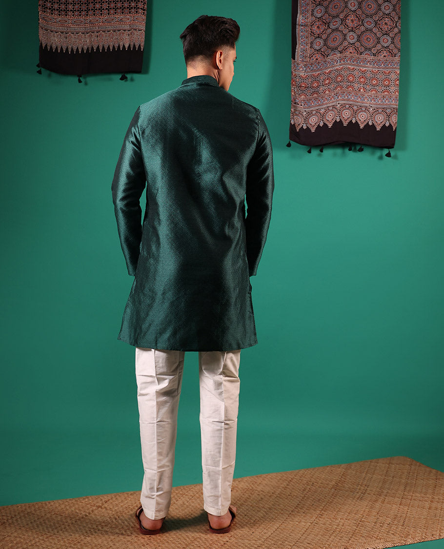 Deep green peacock eye style diamond patterns embossed full-sleeved men's kurta