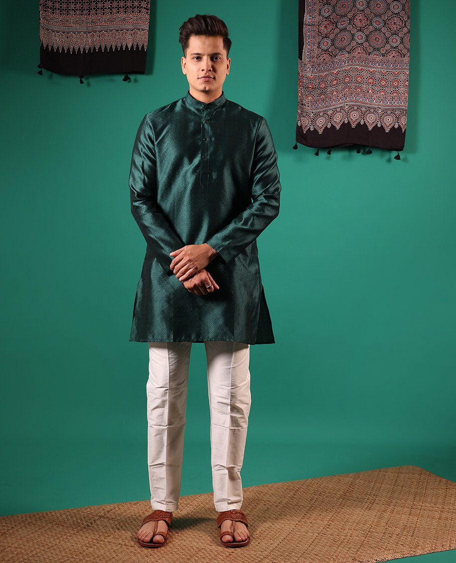 Deep green peacock eye style diamond patterns embossed full-sleeved men's kurta