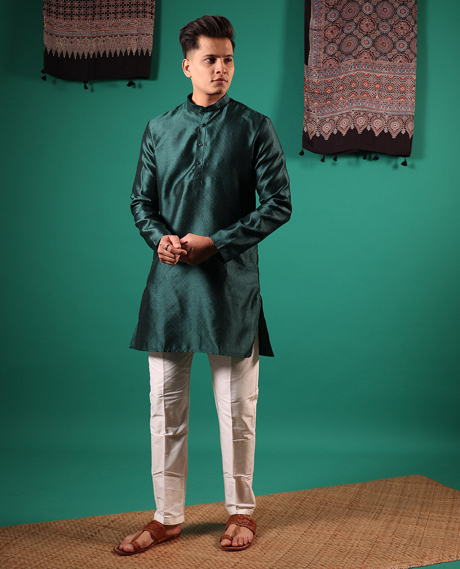 Deep green peacock eye style diamond patterns embossed full-sleeved men's kurta