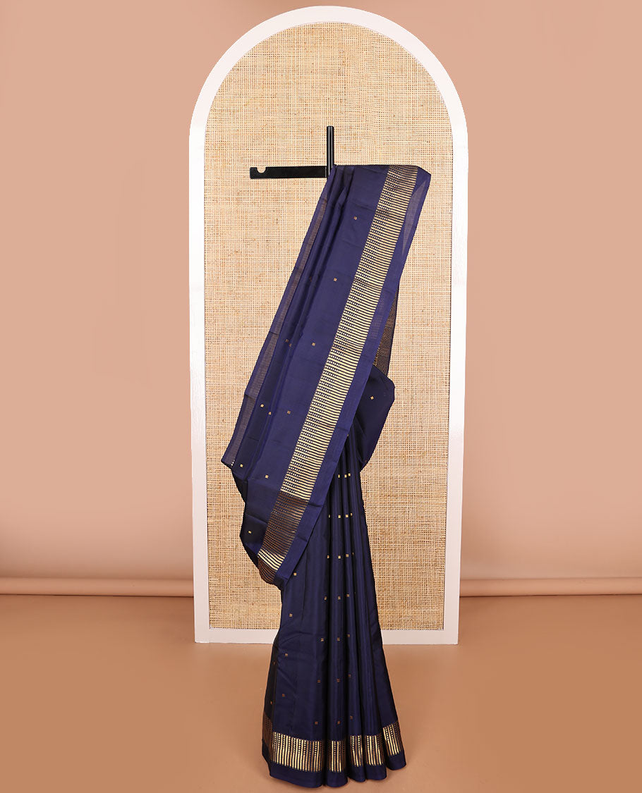 Dark blue square buttas vasundhara elite silk saree with self striped border & pallu of stripes