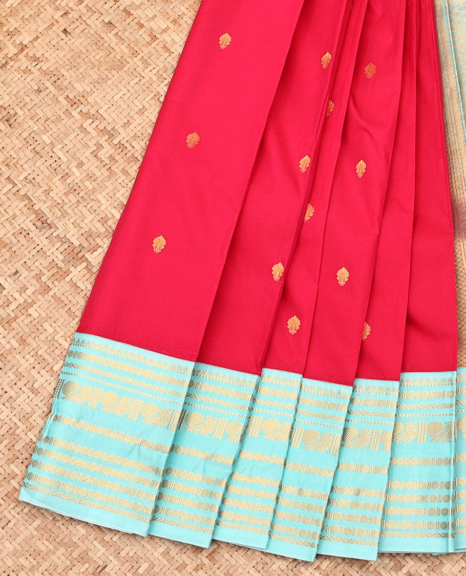 Red Budget Silk Saree, Enriched with Zari Buttas All Over Its Body, Complemented by a Contrast Traditional Zari Design Border, Grand Pallu, and Paired with a Contrast Blouse