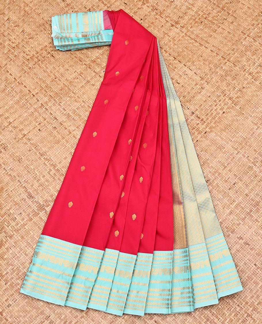 Red Budget Silk Saree, Enriched with Zari Buttas All Over Its Body, Complemented by a Contrast Traditional Zari Design Border, Grand Pallu, and Paired with a Contrast Blouse