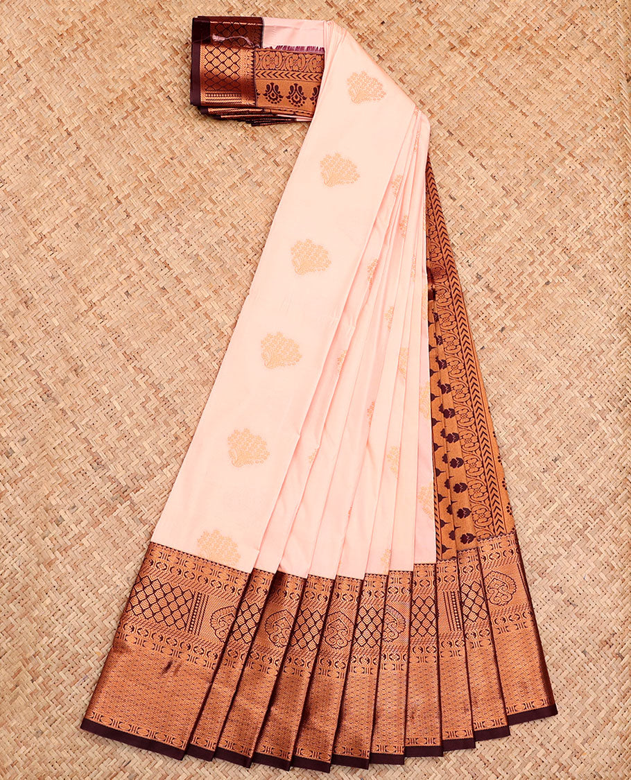 Baby Pink Budget Silk Saree, Sparsely Woven with Buttas All Over Its Body, Complemented by a Contrast Traditional Zari Design Border, Intricately Designed Pallu, and Paired with a Contrast Blouse