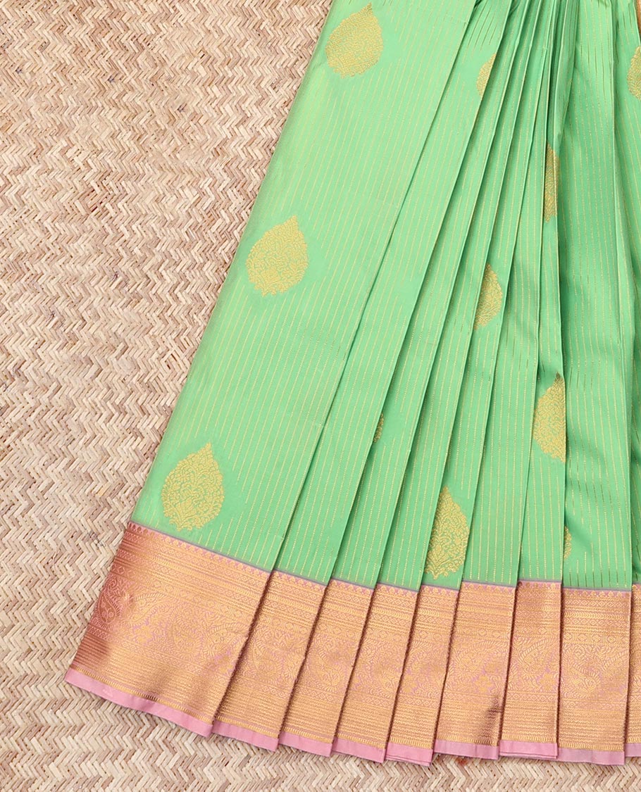 Green Budget Silk Saree, Subtly Sparkled with Zari Buttas and Stripes, Contrast Traditional Zari Border, Grand Pallu, and a Contrast Blouse