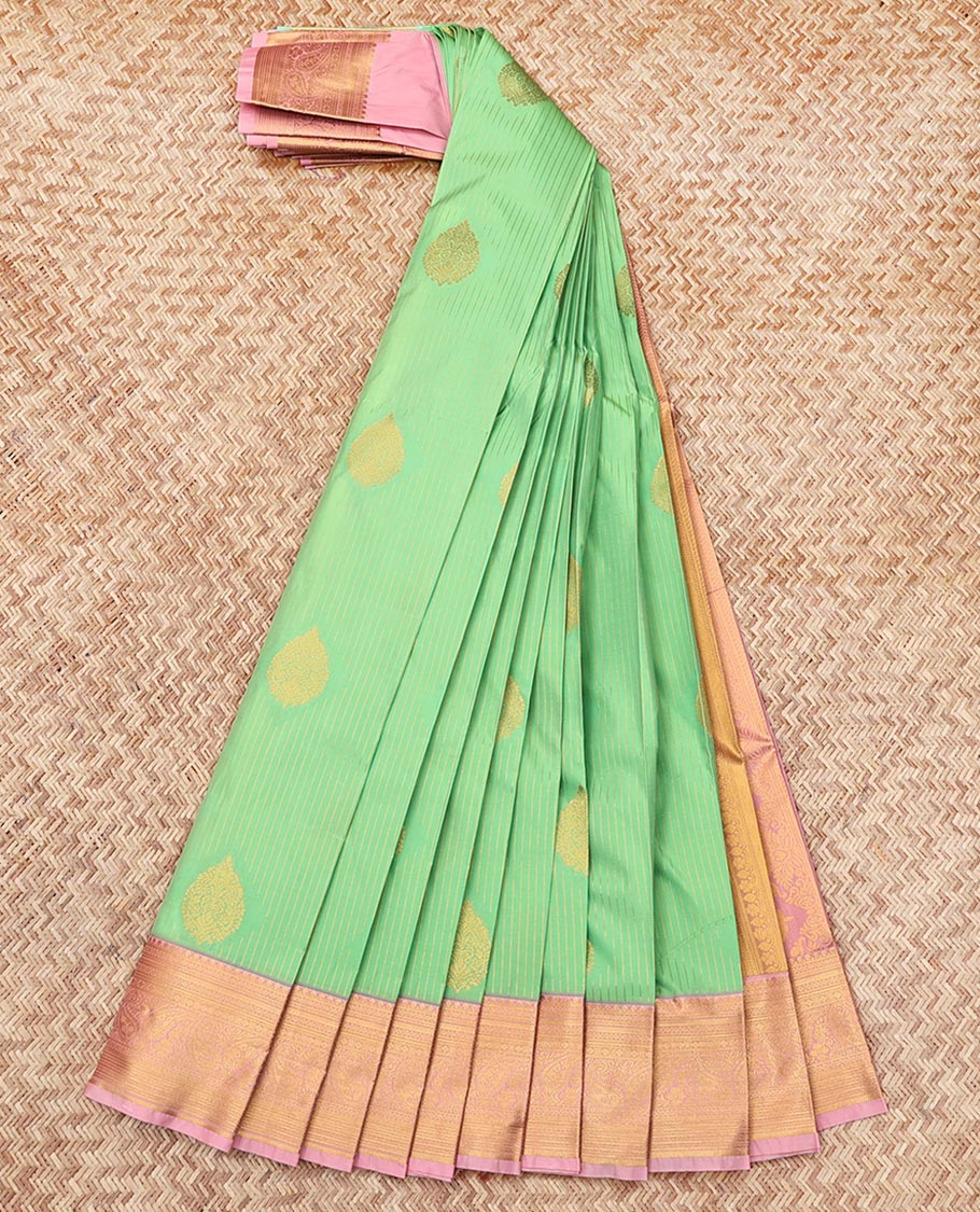 Green Budget Silk Saree, Subtly Sparkled with Zari Buttas and Stripes, Contrast Traditional Zari Border, Grand Pallu, and a Contrast Blouse