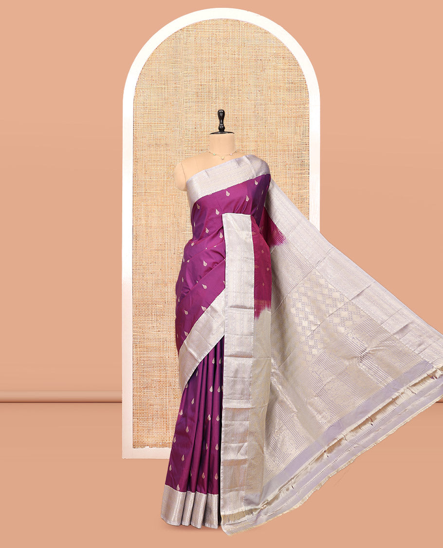 Purple Budget Silk Saree, Embellished with Zari Buttas, Complemented by Contrast Traditional Zari Border, Pallu of Jaal and Paisleys, and Contrast Blouse