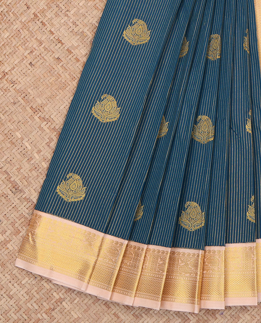 Blue Budget Silk Saree, Charmingly Accented with Stripes and Paisley Buttas on Its Body, Complemented by a Contrast Traditional Zari Design Border of Peacocks, Pallu of Jaal Designs, and Paired with a Contrast Blouse