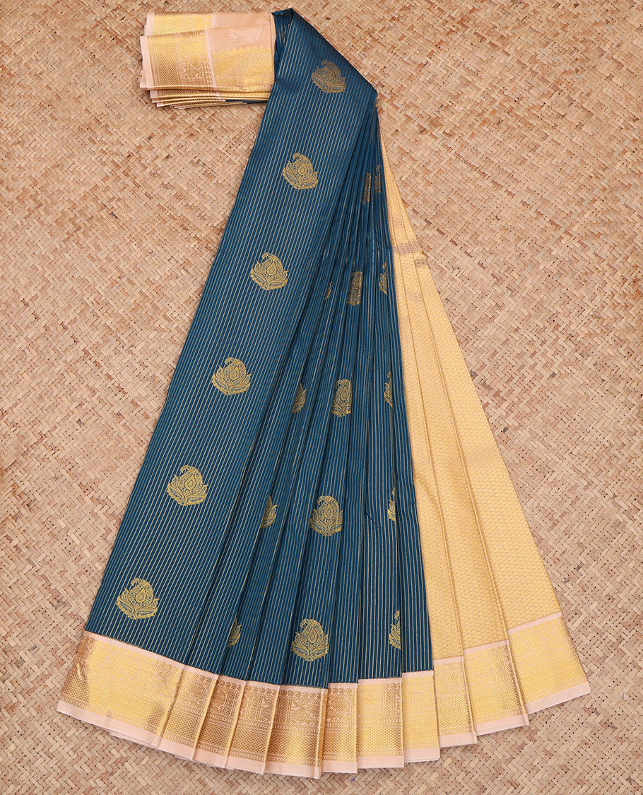 Blue Budget Silk Saree, Charmingly Accented with Stripes and Paisley Buttas on Its Body, Complemented by a Contrast Traditional Zari Design Border of Peacocks, Pallu of Jaal Designs, and Paired with a Contrast Blouse