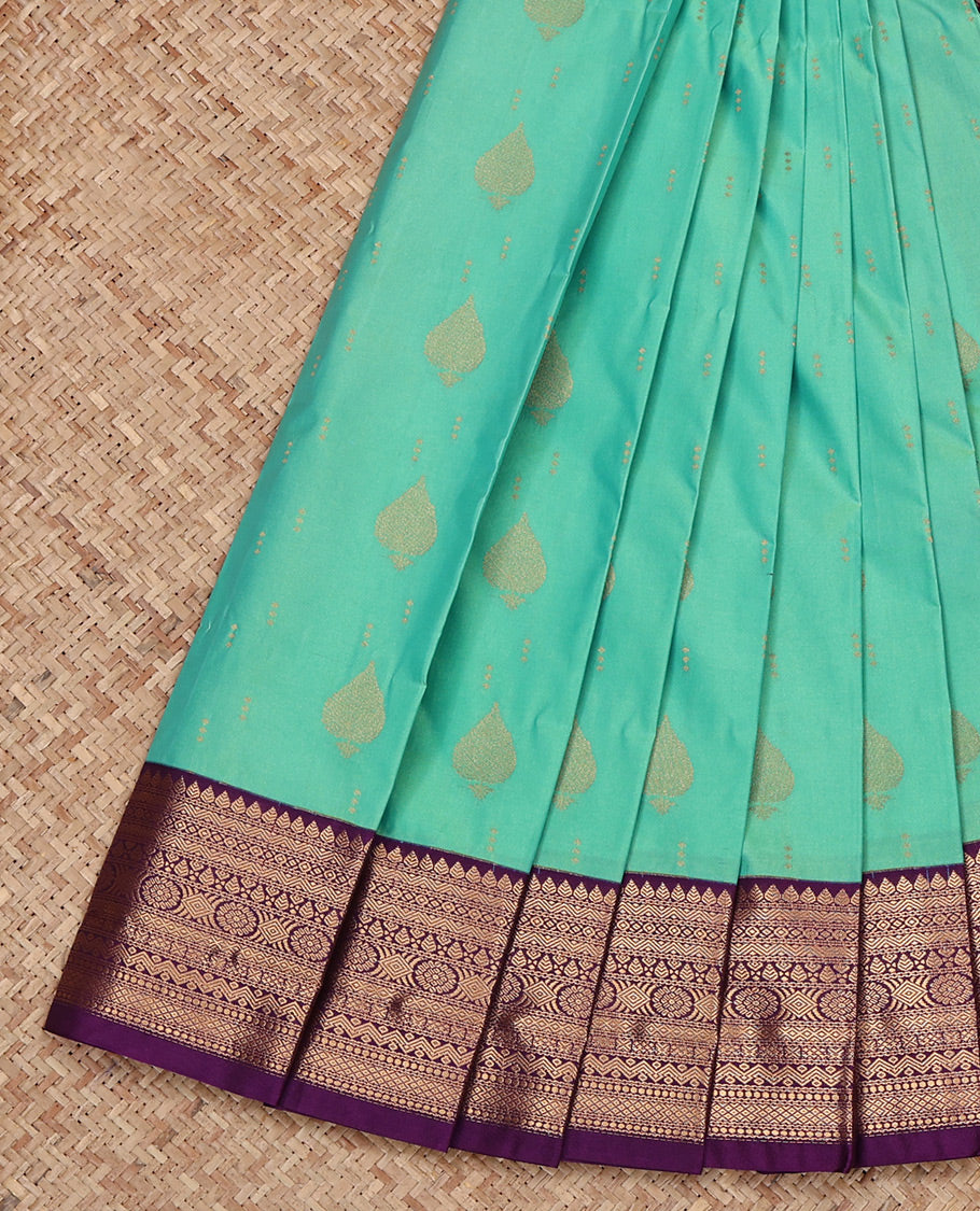 Turquoise Budget Silk Saree, Woven with Zari Buttas All Over Its Body, Complemented by a Contrast Traditional Zari Design Border, Grand Pallu, and Paired with a Contrast Blouse